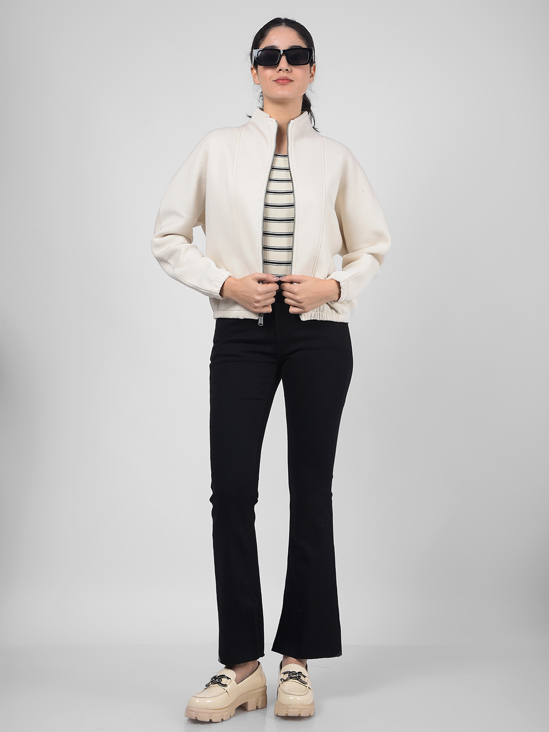 Numero Uno Women Cream Mock Neck Sweatshirts